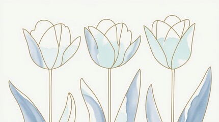 Delicate outline of three pale blue tulips with slender stems and leaves