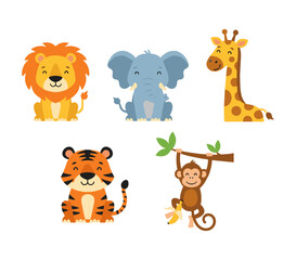 Fototapeta premium Cute jungle animals cartoon characters set