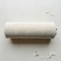Obraz premium Rolled-up texture textile on a painted wooden surface, calming and neutral