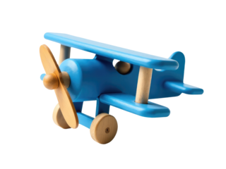 A small blue toy airplane with a wooden propeller, great for model making or creative play