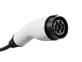 Electric vehicle charging connector with cord on transparent background