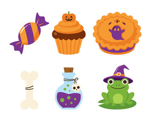 Fototapeta premium Halloween elements set with candy cupcake and frog