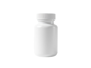 A single white pill bottle sitting on a clean white background