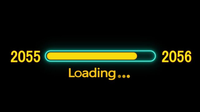 Loading bar animation with year transition 2054 to 2055. New year 2055 loading bar animation. digital loading screen with glowing progress bar and years counter animation with year change