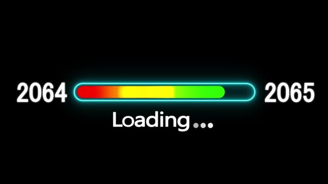 Loading bar animation with year transition 2064 to 2065. New year 2065 loading bar animation. digital loading screen with glowing progress bar and years counter animation with year change