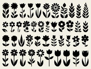 Collection of black silhouette floral illustrations and botanical elements