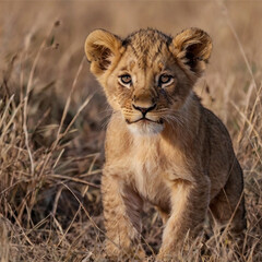 Adorable Lion Cub in Golden Grass