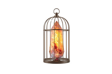 small bronze colored birdcage lantern with a brightly glowing orange crystal inside, no background svg