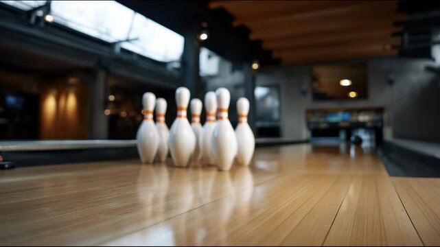 A silver bowling ball rolls rapidly along a polished wooden lane towards white pins lined up in a row