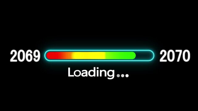 Loading bar animation with year transition 2069 to 2070. New year 2070 loading bar animation. digital loading screen with glowing progress bar and years counter animation with year change.