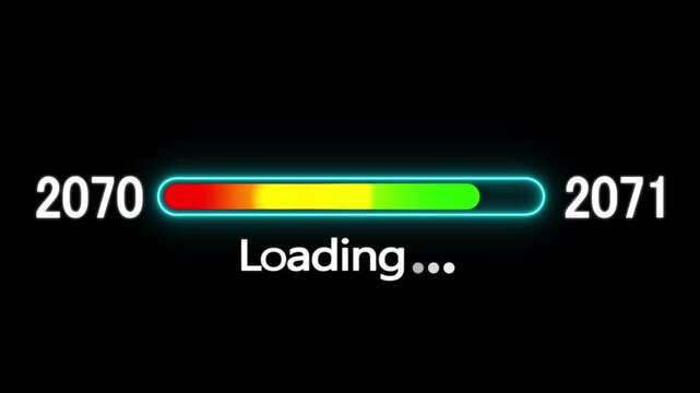 Loading bar animation with year transition 2070 to 2071. New year 2071 loading bar animation. digital loading screen with glowing progress bar and years counter animation with year change