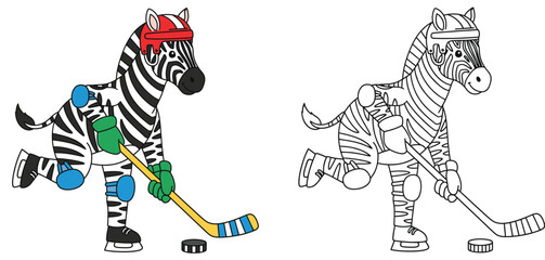 Vector illustration of a cartoon zebra playing ice hockey Adorable animal skater with a puck and stick An outline in black and white for a coloring book and an isolated colored version
