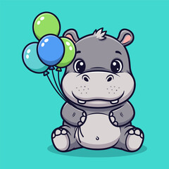 Cute cartoon baby hippo holding a bunch of colorful balloons