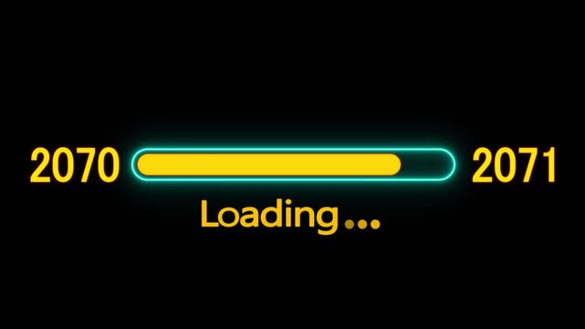 Loading bar animation with year transition 2070 to 2071. New year 2071 loading bar animation. digital loading screen with glowing progress bar and years counter animation with year change.
