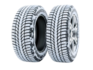 Two snow covered tires with silver rim isolated on transparent background