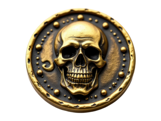 A gold and black skull medallion on a white background, perfect for dark, gothic, or occult-themed designs