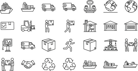 Logistics shipping supply chain vector icons set with cargo transport warehouse delivery packaging sustainability management black line illustration design