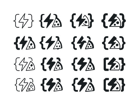 Sweat Code Pizza Icons. Sweat + Code + Pizza. Icon set. Set Logo