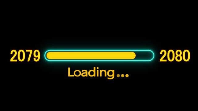 Loading bar animation with year transition 2079 to 2080. New year 2080 loading bar animation. digital loading screen with glowing progress bar and years counter animation with year change