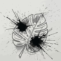 Abstract Monstera Leaf Splattered with Black Ink.