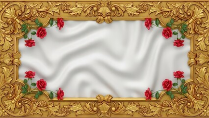 Elegant baroque gold frame decorated with red roses and a luxurious white satin background
