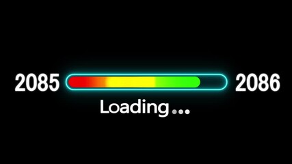 Loading bar animation with year transition 2085 to 2086. New year 2086 loading bar animation. digital loading screen with glowing progress bar and years counter animation with year change