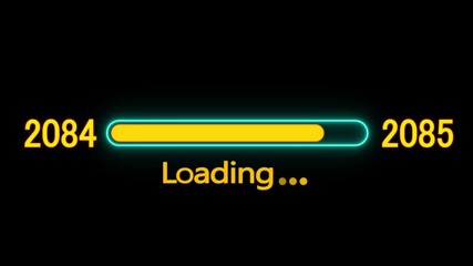 Loading bar animation with year transition 2084 to 2085. New year 2085 loading bar animation. digital loading screen with glowing progress bar and years counter animation with year change.