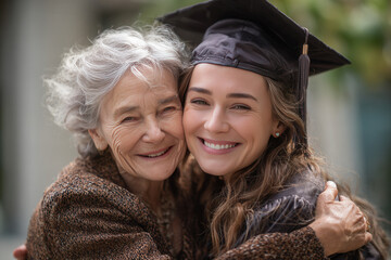 Graduation celebration with a grandmother and granddaughter in an outdoor setting