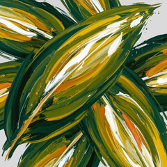 Abstract painting of green and yellow leaves with white streaks.
