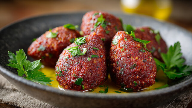 Lebanese kibbeh served with herbs on a rustic plate.