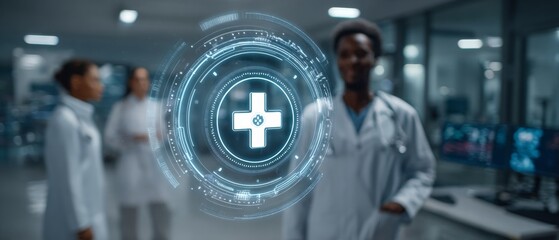 The networked hospital: a journey through medical innovation. Newsworthy image. Futuristic hospital tech: icon networks with dynamic interfaces. Authentic moment. Natural mood.