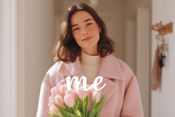 Young Woman in Pink Coat Unwrapping Tulips in Cozy Morning Light