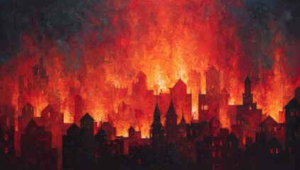 Silhouette of a city consumed by flames, with dark buildings outlined against an inferno