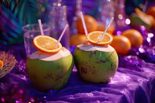 Two coconuts filled with drink, garnished with orange slices and straws, on a violet table