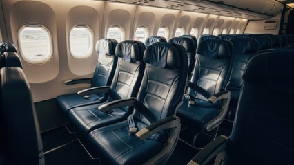 Fototapeta premium Empty airplane cabin with rows of blue leather seats