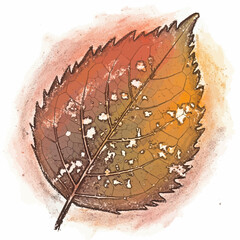 Autumn leaf with holes and watercolor background.
