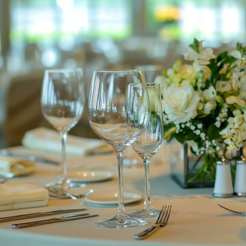 Elegant table setting with multiple sparkling wine glasses, cutlery, and a white floral centerpiece on a crisp tablecloth in a bright restaurant