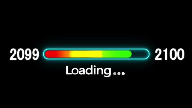 Loading bar animation with year transition 2099 to 2100. New year 2100 loading bar animation. digital loading screen with glowing progress bar and years counter animation with year change.