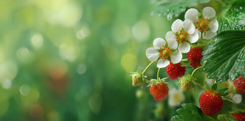 Fresh strawberries and flowers growing in a garden during springtime with sunlight filtering through green leaves