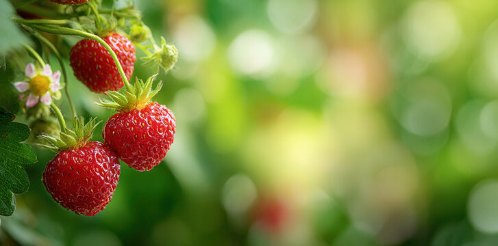 Fresh strawberries growing on a plant in a garden during daylight hours in spring - Powered by Adobe