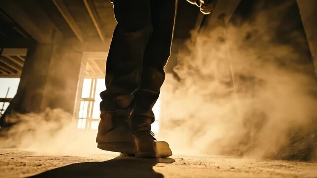 Worker's boots kicking up dust on a construction site, backlit by sunlight.