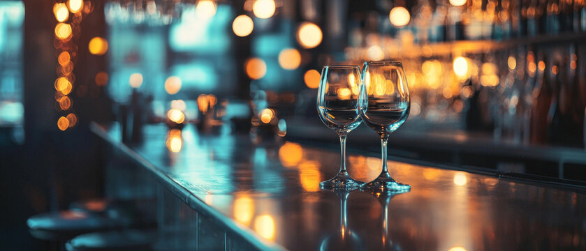 Elegant wine glasses on a glossy bar surface, reflecting blurred warm orange and cool blue lights, creating a sophisticated ambiance