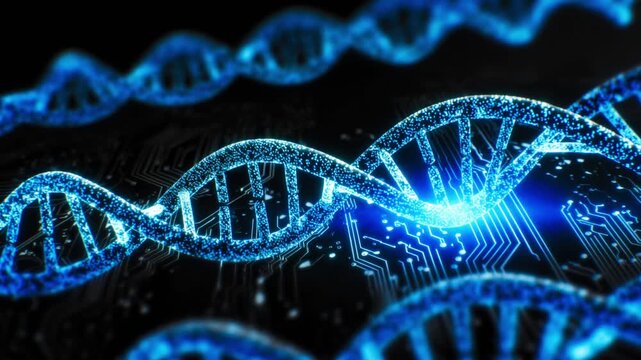 Glowing DNA Double Helix Over Circuit Board - Biotech & AI Medicine Concept