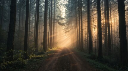 Obraz premium Misty Forest Pathway – Warm Morning Sunlight Filtering Through Tall Trees (Natural Landscape Fine Art Photography)