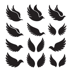 Wing icon set, angel wing silhouette vector illustration on a white background
