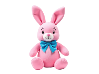 A soft and cuddly pink stuffed rabbit with a bright blue bow, perfect for toys or gifts