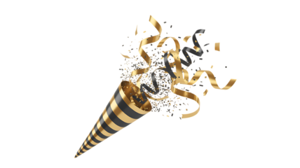 Black and gold confetti popper exploding isolated on transparent background