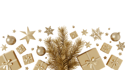 Golden christmas ornaments and gift boxes border isolated on transparent background