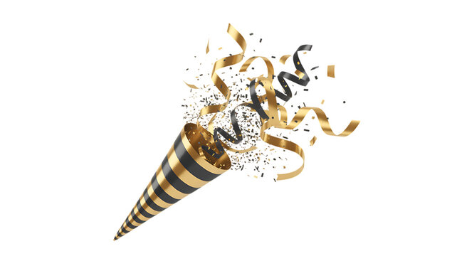 Black and gold confetti popper exploding isolated on transparent background