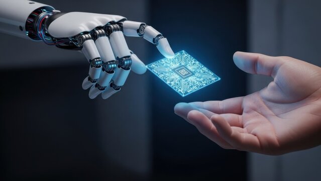 Robotic Hand Passing Glowing Circuit Board to Human Hand - Powered by Adobe